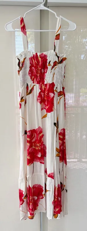 White Closet Elements White Floral Smocked Maxi Dress with Red Blooms thumbnail 1