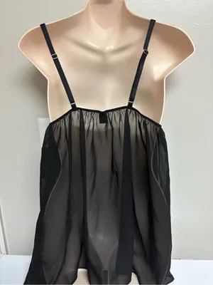 2 Pc Sheer Lace Babydoll Chemise Nightgown - Black with Matching Thong thumbnail 3
