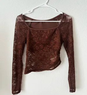 SHEIN Lace Long Sleeve Top - Brown thumbnail 1