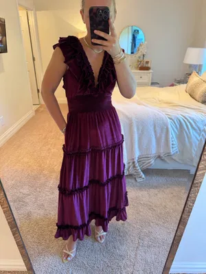 Anthropologie Love The Label Velvet Ruffle Maxi Dress in Burgundy Wine thumbnail 2
