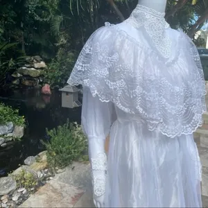 Vintage 1950s lace high neck wedding dress cottage core / boho ruffle tiered lac thumbnail 10