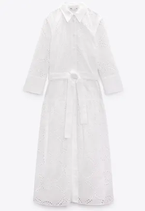 ZARA white lace long sleeve maxi dress with waist belt boho summer vacation thumbnail 12