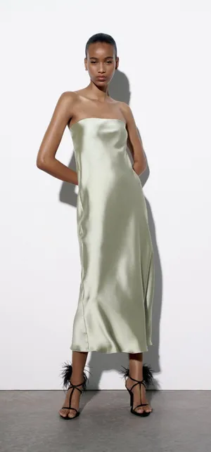 midi dress satin sleeveless tube olive green wedding party summer thumbnail 12
