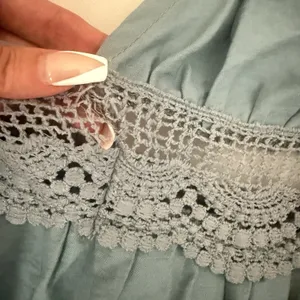 Boho Prairie Dusty Blue Crochet Backless Western Party Mini Ruffle Hem Dress M thumbnail 10