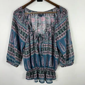 American Eagle Top M Blue‎ Pink Boho Paisley Peasant Blouse Ruffle Hem Festival thumbnail 1
