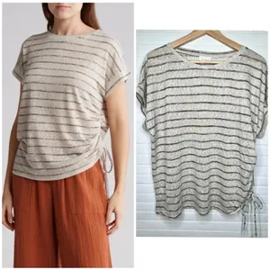 Caslon Women's Beige Striped Short Sleeve Drawstring T-Shirt Size L in Oatmeal thumbnail 2