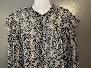 Banana Republic Blouse Womens XL Black Paisley Ruffle Henley Long Sleeve Top thumbnail 1