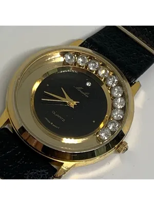 Vintage moulin women watch floating crystals gold tone 33mm black running thumbnail 3