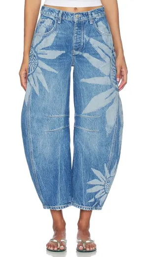 Free People We The Free Good Luck Printed Barrel Jeans in Sun Fade 27 thumbnail 1