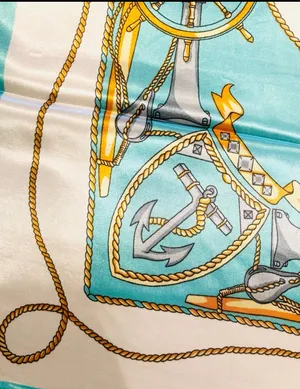 Vintage Square Sailing BOAT,WHEEL&Anchor 35/35 Oversized TEAL satin Silky SCARF thumbnail 5