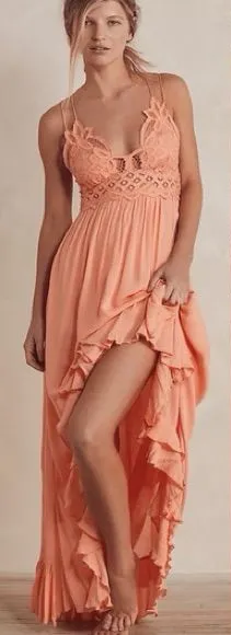 Free People One Women’s Adella Maxi Slip Dress Crochet Lace in Orange M thumbnail 1