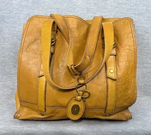 Vintage Fossil Mustard Yellow Pebbled Leather Tote Bag Brass Key Charm Boho thumbnail 1