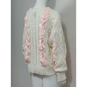 Women’s Ivory Chunky Cable Knit Sweater Pink Ribbon Bow Oversized Himekaji L thumbnail 6