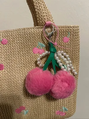 NWT Straw Tote Bag with Pink Cherry Embroidery and removable bag charm thumbnail 2