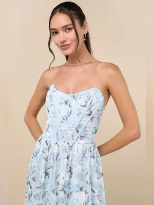Lulus Special Moment Light Blue Floral Strapless Bustier Maxi Dress Size Large thumbnail 3