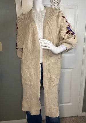 Knitted Long Cardigan Sweater Embroidered Flowers Chunky Size large. thumbnail 1