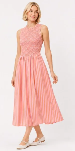 LOFT Striped Poplin Midi Dress Women’s M Pink Orange Sleeveless Smocked Preppy thumbnail 1
