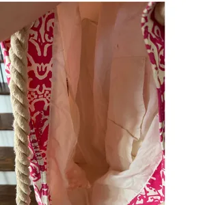 Donna Dixon Pink White Damask Canvas Rope Tote Bag Beach Resort Boho 18x18 thumbnail 4