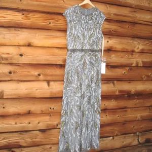 Mac Duggal 6 Silver Gray Gold Beaded Illusion Cap Sleeve Column Gown Maxi Dress thumbnail 7