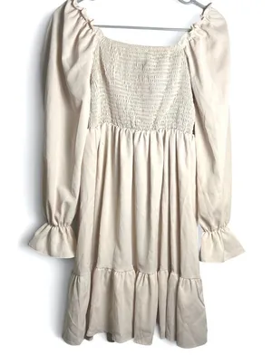 Cream Prairie Mini Dress Women's XS Smocked Puff Sleeve Cottagecore Boho thumbnail 1