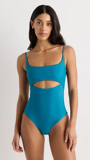 Quince Italian Cut Out One Piece Swimsuit Lagoon Teal Blue NEW Womens Medium thumbnail 1