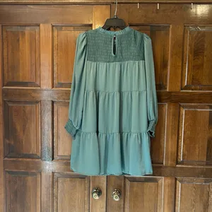 THML NWT Teal Smocked Tiered Mini Dress Long Sleeve‎ Boho Seafoam Size Small thumbnail 6