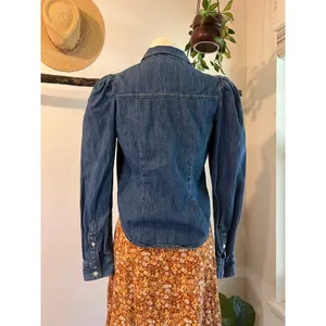 Express Blue Cotton Denim Puffed Long Sleeve Button Front Blouse Size XS thumbnail 5