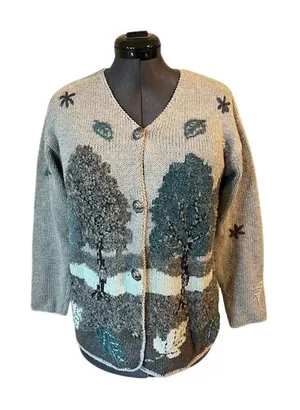 cardigan sweater trees fall landscape green gray Gold thumbnail 1