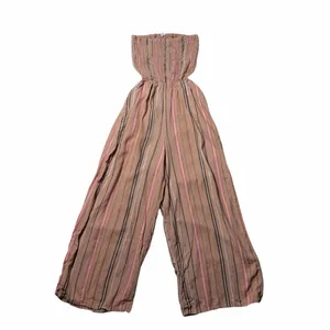 Aerie Strapless Wide Leg Striped Linen Blend Jumpsuit Womens M thumbnail 2