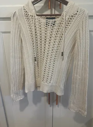 American Eagle Outfitters boho cotton Cream Crochet Hooded Sweater Knit Size S thumbnail 1