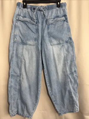Habitual Cropped Barrel Leg Drawstring Waistband Light Wash Soft Comfy Jeans M thumbnail 1