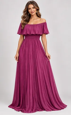 Luxxel Purple Pleated Maxi Off Shoulder Dress Size Medium thumbnail 1