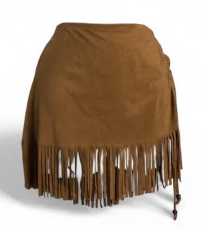 90s Vintage Y2K Faux Suede Brown Fringe Mini Tassel Bead Skirt Western Boho Hippie Gypsy Rave #Festival #Grunge #Hipster #Bohemian #1970s inspired Southwestern Navajo Rodeo Plur Coachella Sz M - measurements in pics thumbnail 1