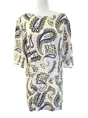 Boden Laurie Linen Paisley Print Coastal Boatneck Dress White Green Pink 8P thumbnail 5