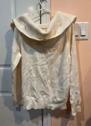 Uniqlo Cream Off-Shoulder Ribbed Cowl Neck Sweater thumbnail 1