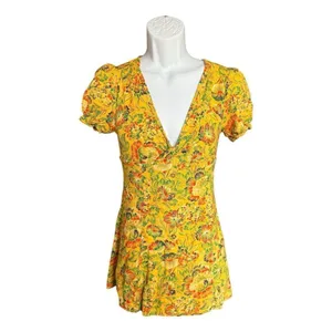 Womens Urban Outfitters Yellow Floral Print Bettie Twist Front Mini Dress Sz S thumbnail 2