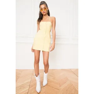 Revolve x Superdown Lilo Yellow Halter Button Up Open Back Mini Bodycon Dress S thumbnail 2