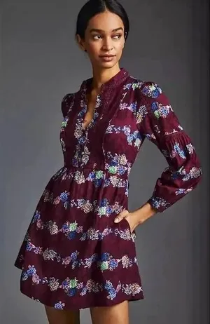 BY ANTHROPOLOGIE Mini Tunic Long Sleeve Dress Floral‎ Lace Trims Purple X-Small thumbnail 1