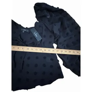 Lulu's Blouse XL‎ Cropped Black Clip Dot Balloon Sleeves Halter Babydoll #AA9-1 thumbnail 7
