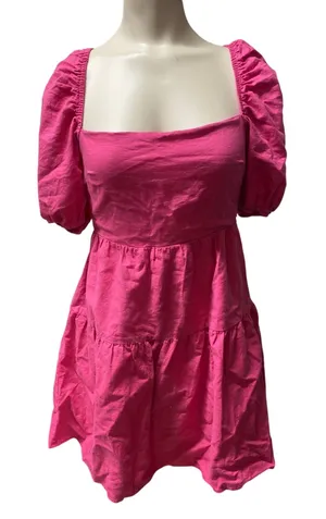 Hello Molly Womens Size 6 Pink Square Neck Puff Short Sleeve Tiered Mini Dress thumbnail 1