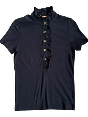 Tory Burch Pima Cotton Ruffle Logo Button Top Black Size Small thumbnail 1