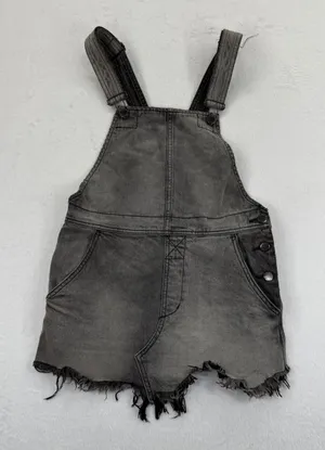 Free People Women's Denim Overalls Dress Gray Frayed Hem Mini‎ Skirt Size 0 thumbnail 1