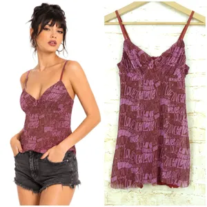 Urban Outfitters Love Mesh Tank Top Women S Pink Brown Sheer Cami Cut Hem Y2K thumbnail 2