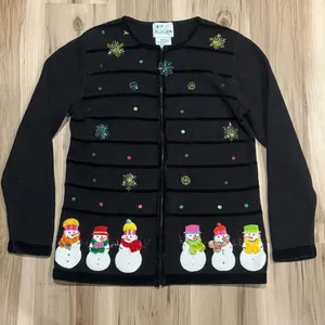Quacker Factory Black Embroidered Snowman Zip Up Ugly Sweater Women’s Small thumbnail 1