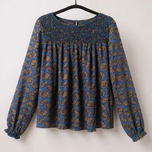 LOFT XS Floral Smocked Blouse Blue Mustard Purple Yoke‎ Keyhole EUC Flowy Fall thumbnail 1