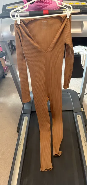 Ribbed Long Sleeve Brown Jumpsuit Size L thumbnail 1