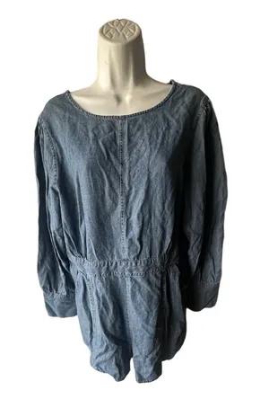Something Navy Chambray Denim Romper Long Sleeve Puff Sleeve Size XL thumbnail 1