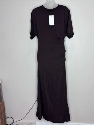 Zara Dark Brown Ruched side Short-Sleeve Maxi Dress NWT large Classic modern thumbnail 2