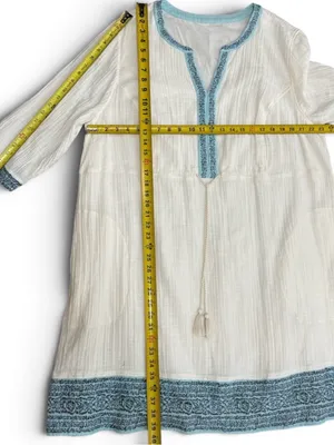 J Jill Gauzy Lined Ivory Dress XL Boho Drawstring Waist Blue Trim Pockets thumbnail 10