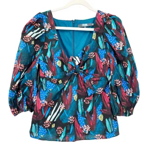 Eva Franco Tropical Sweetheart Tie‎ Front Puff Sleeve Blouse 4 Midnight Jungle thumbnail 4
